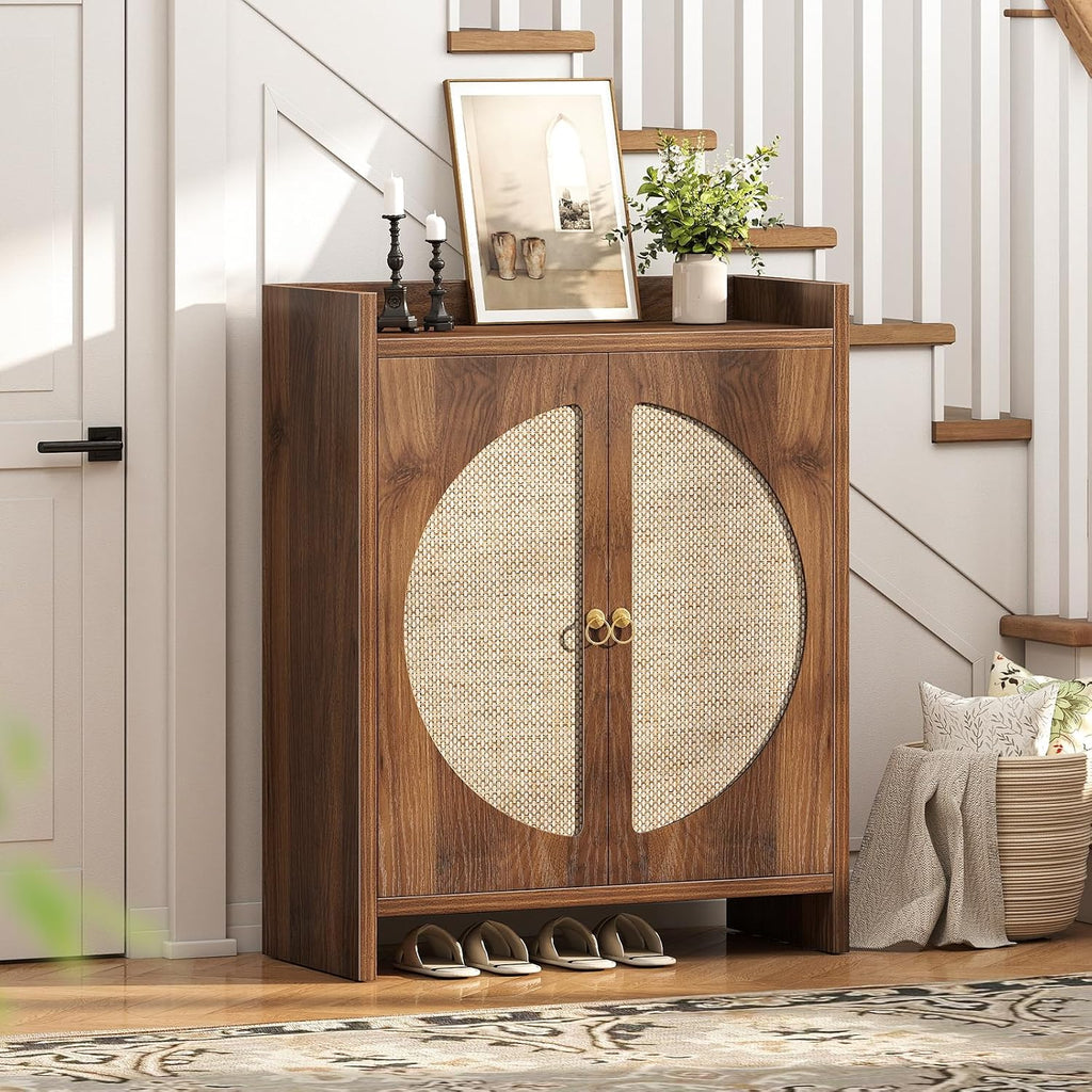 Rattan Shoe Cabinet, Adjustable Shelves & Doors
