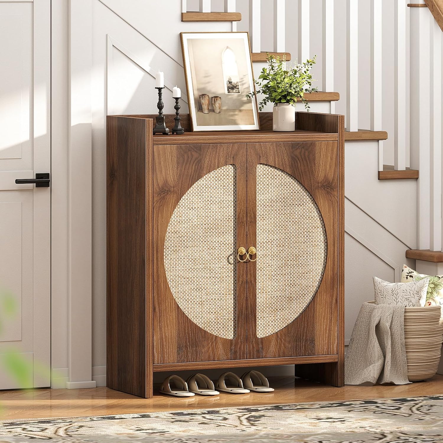 Rattan Shoe Cabinet, Adjustable Shelves & Doors
