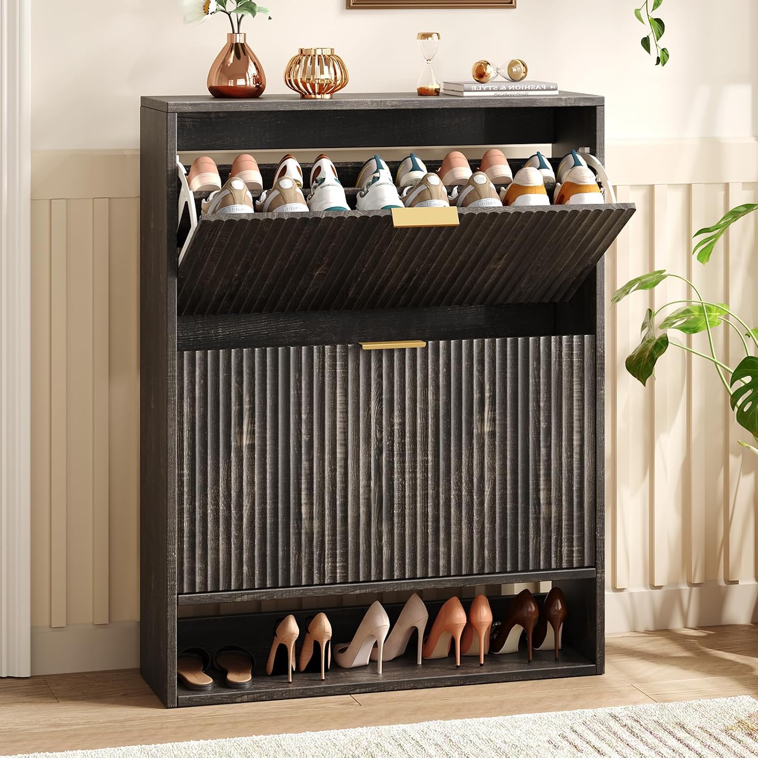 31.5" Black Fluted Shoe Cabinet, 2 Flip Drawers