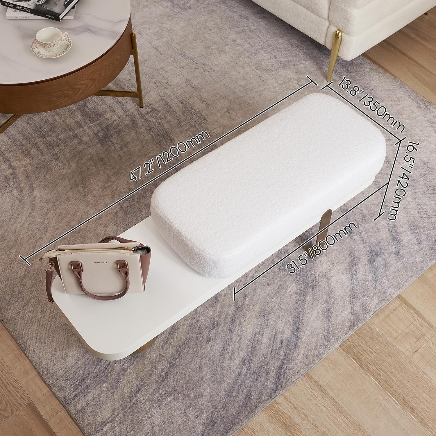 47.2" Boucle Bench with Abstract Metal Legs
