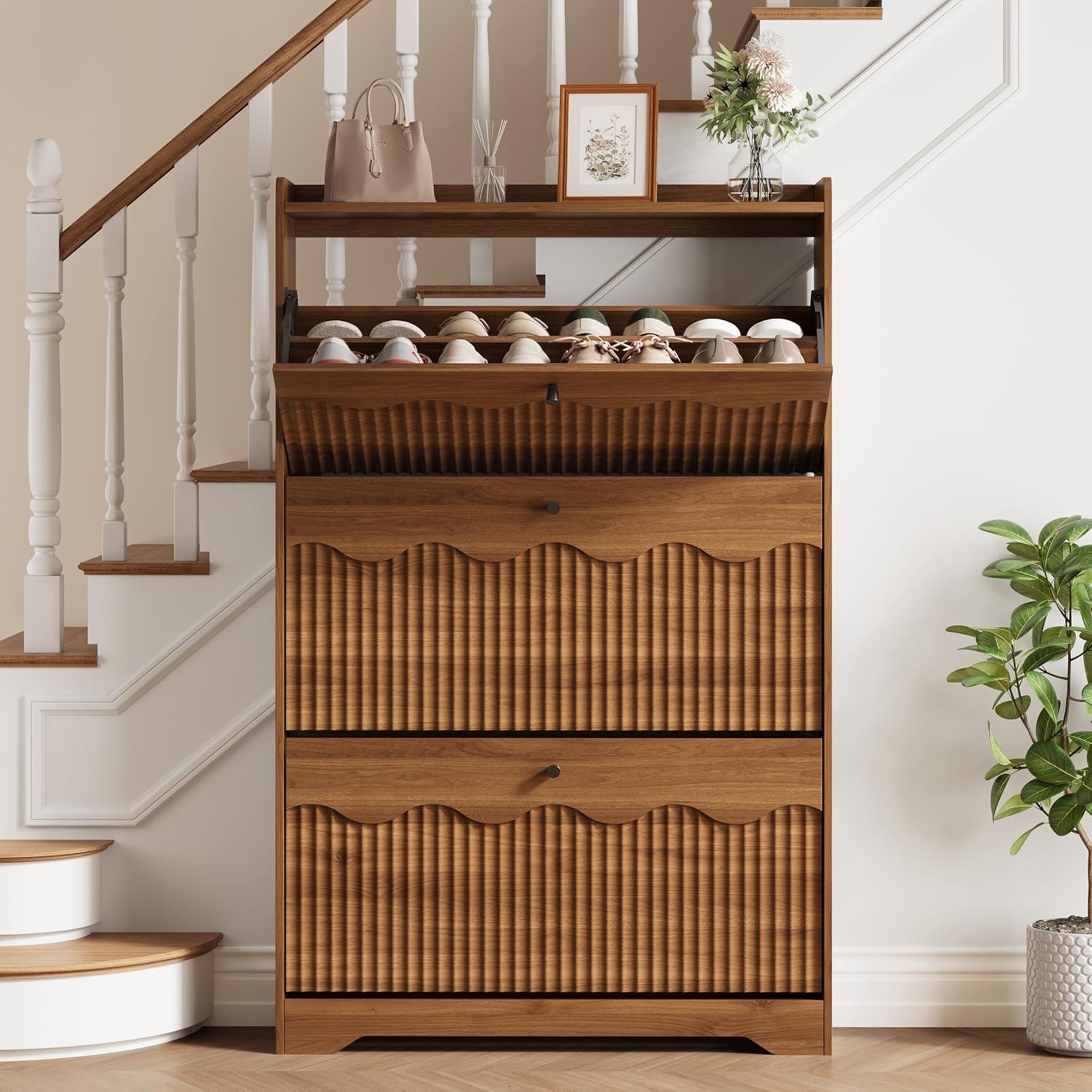 Walnut Shoe Cabinet with 3 Flip Drawers