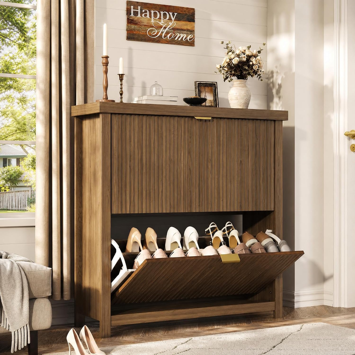 Fluted Shoe Cabinet with 2 Flip Drawers