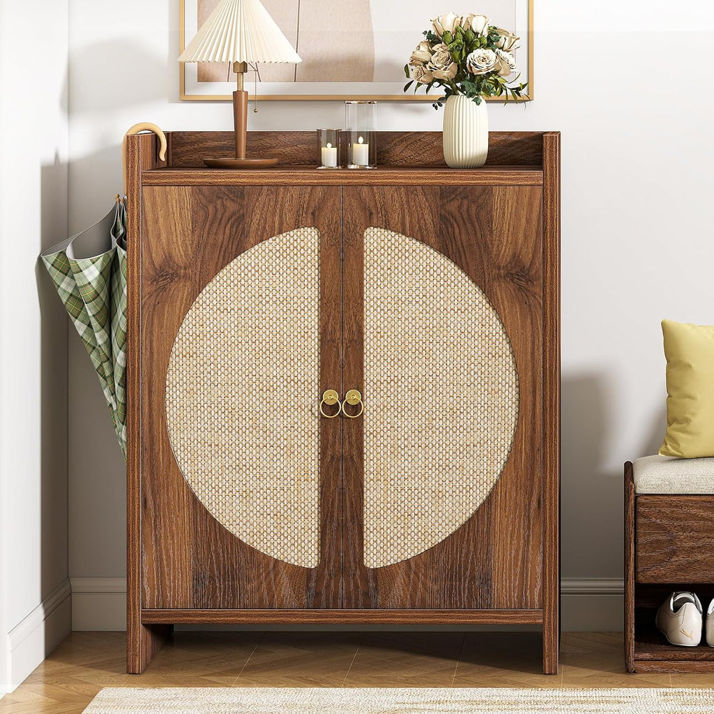 Rattan Shoe Cabinet, Adjustable Shelves & Doors