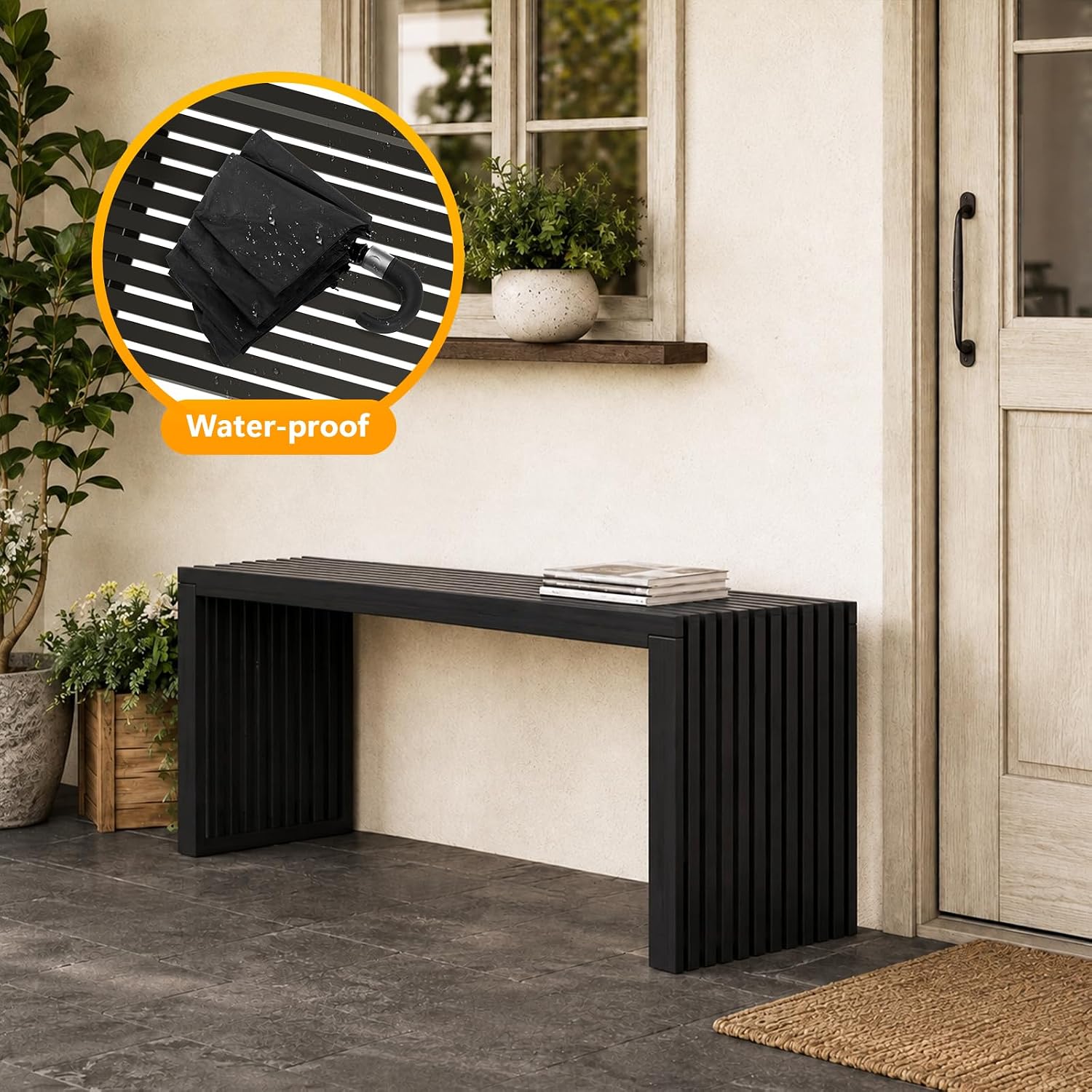 35" Black Bamboo Slatted Dining Bench