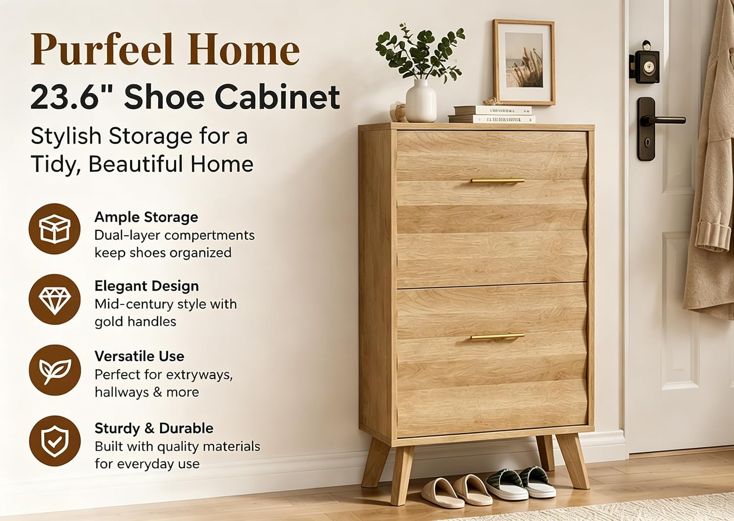 23.6" Mid-Century Shoe Cabinet with 2 Flip Drawers