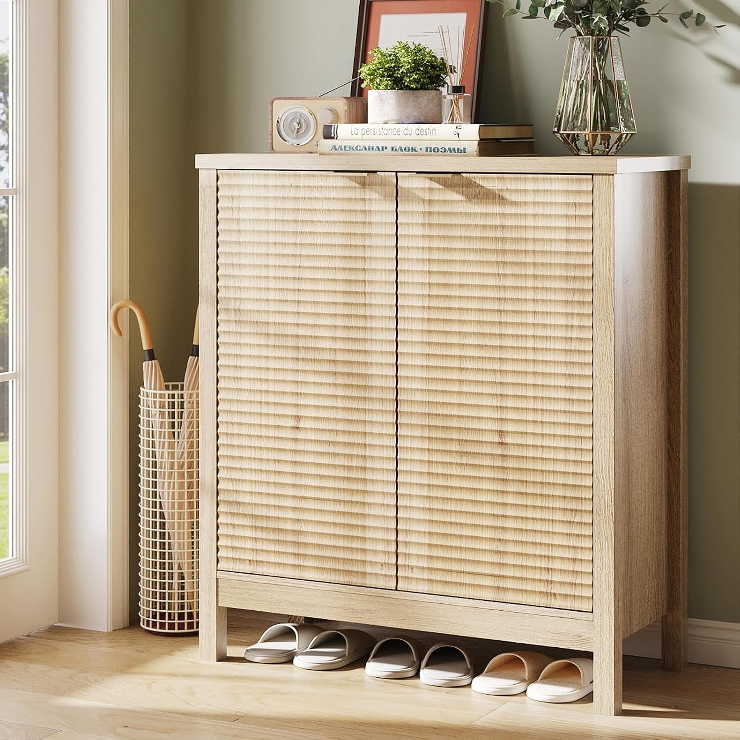 5-Tier Natural Oak Fluted Shoe Cabinet