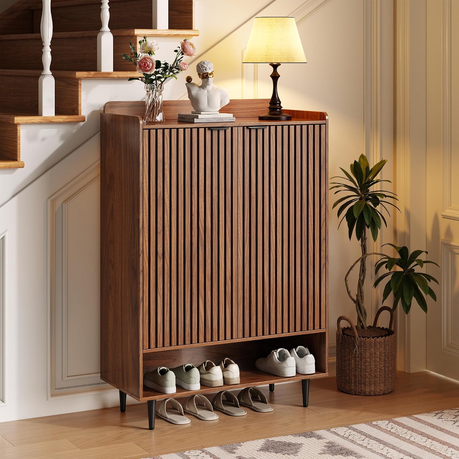 Walnut Shoe Cabinet with 2 Doors, Holds 21 Pairs