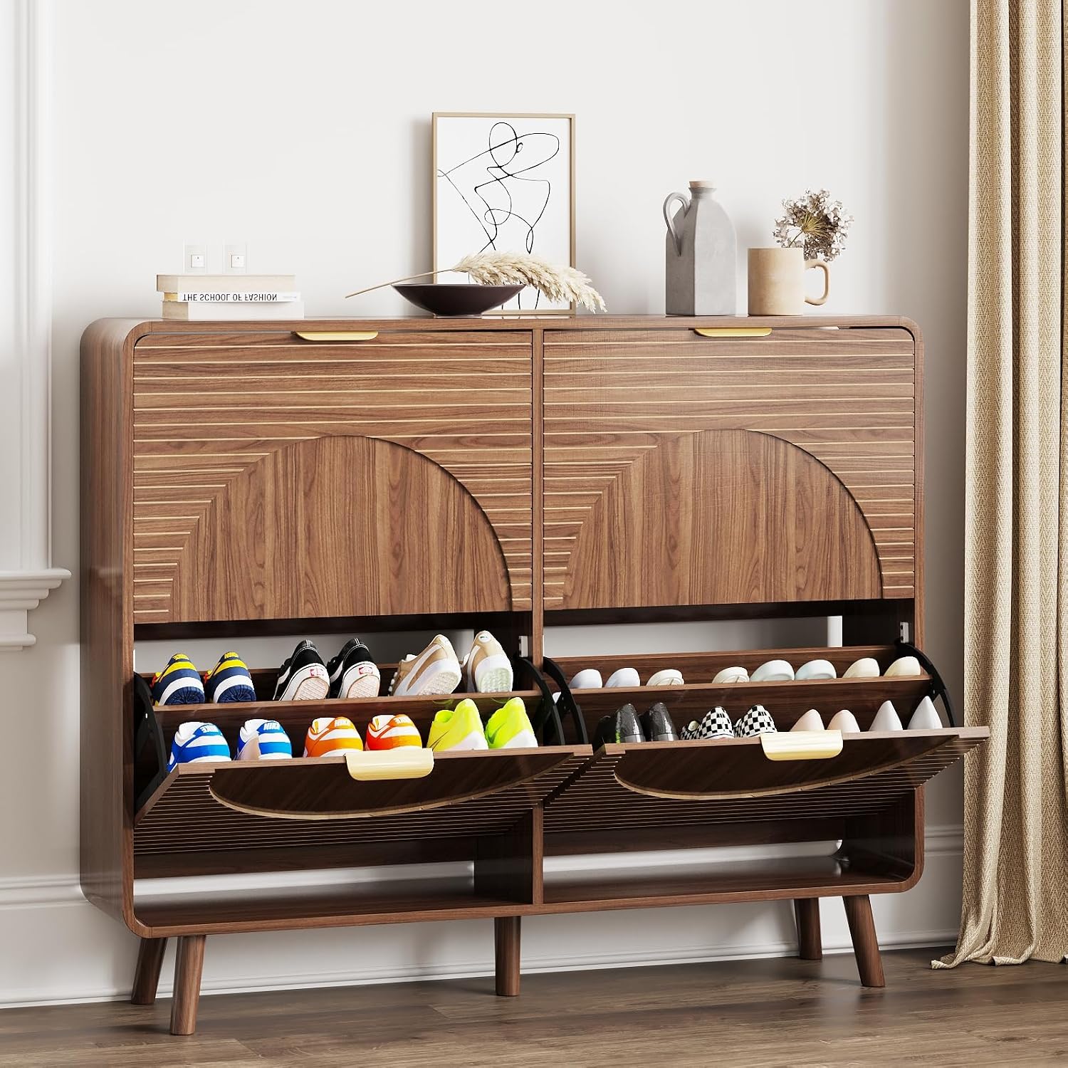 Walnut Fluted Shoe Cabinet with 4 Flip Drawers