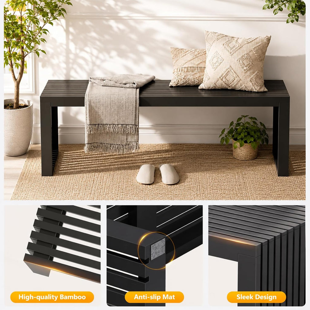 35" Black Bamboo Slatted Dining Bench