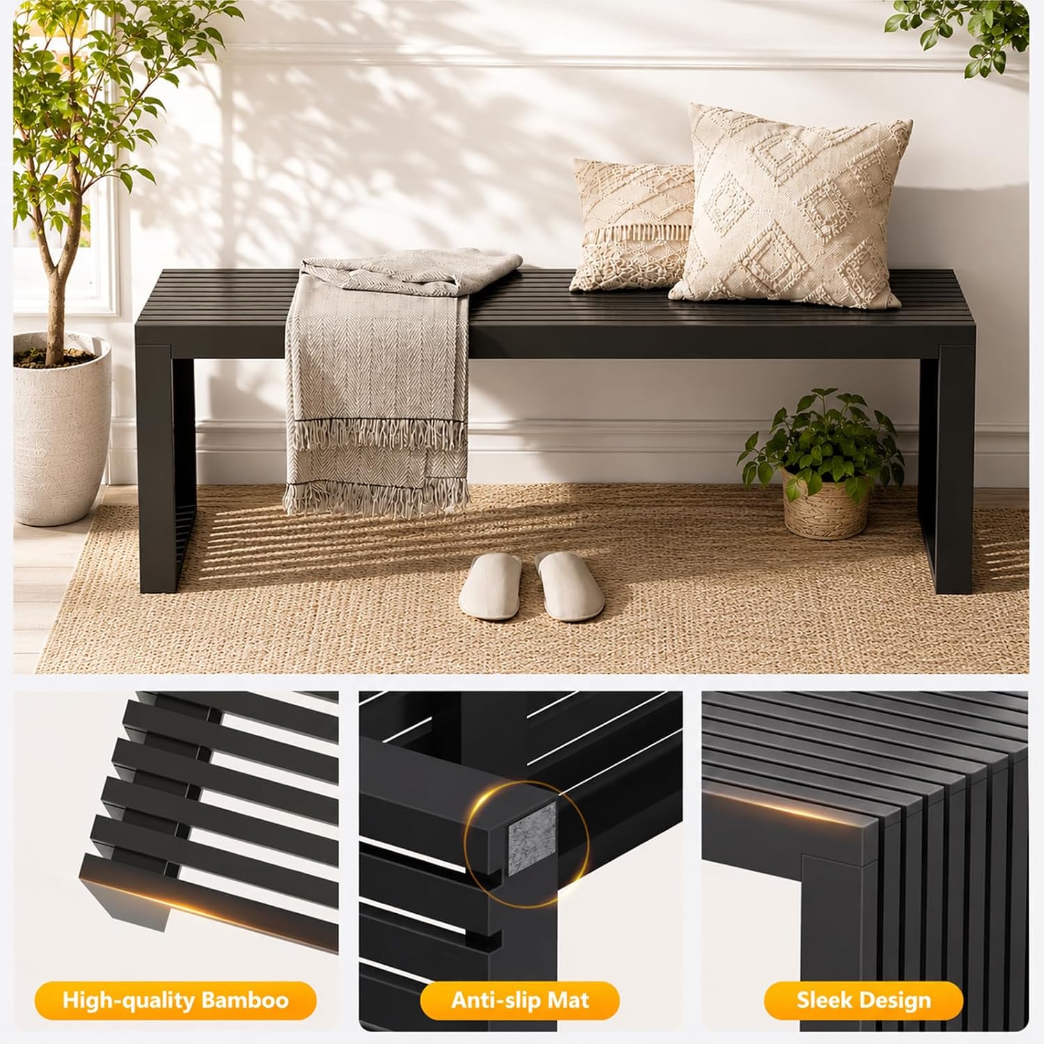 35" Black Bamboo Slatted Dining Bench