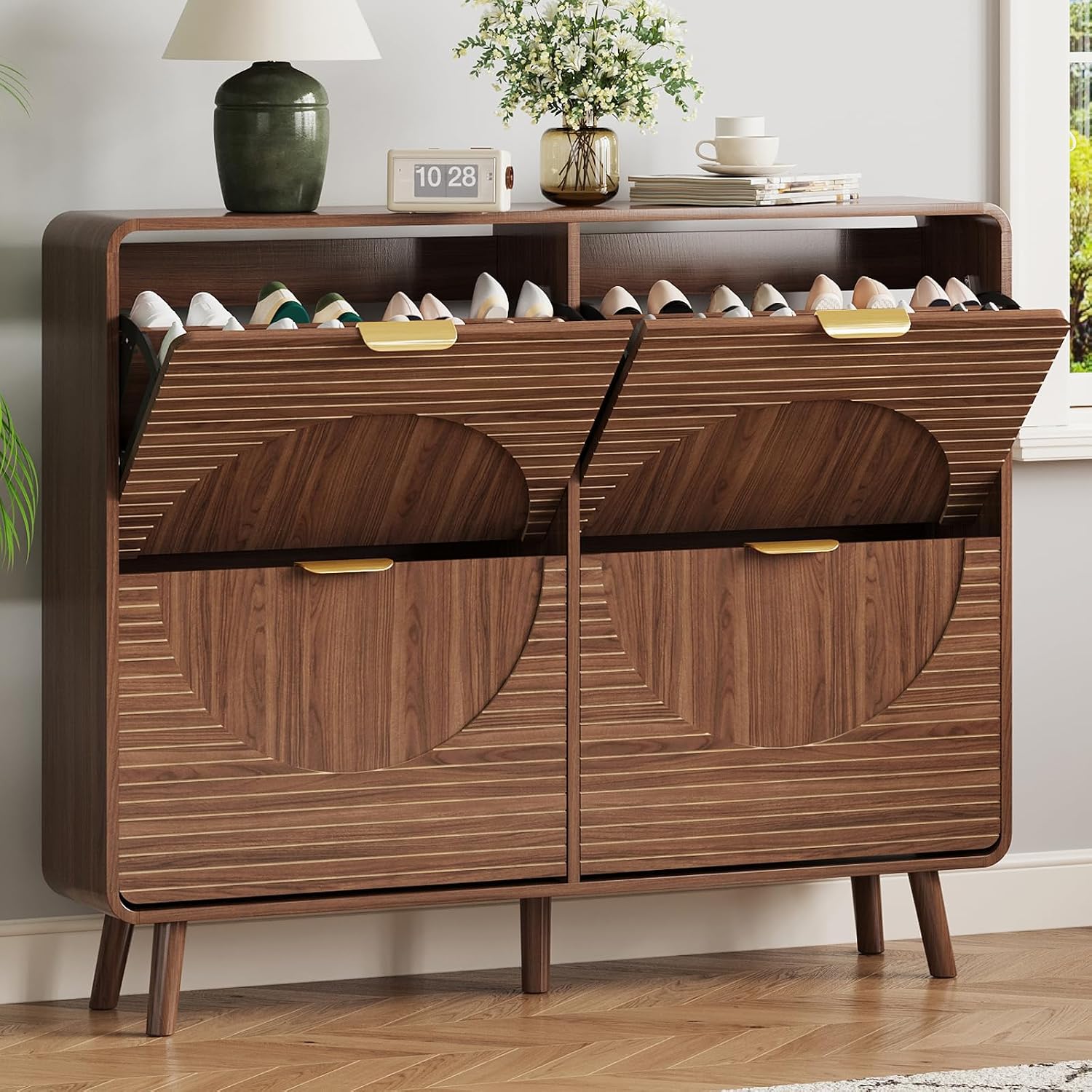 Walnut Fluted Shoe Cabinet with 4 Flip Drawers