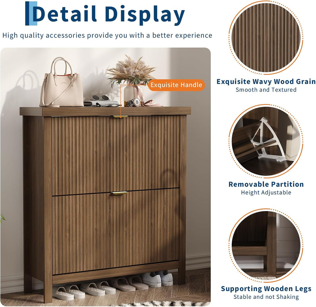 Fluted Shoe Cabinet with 2 Flip Drawers