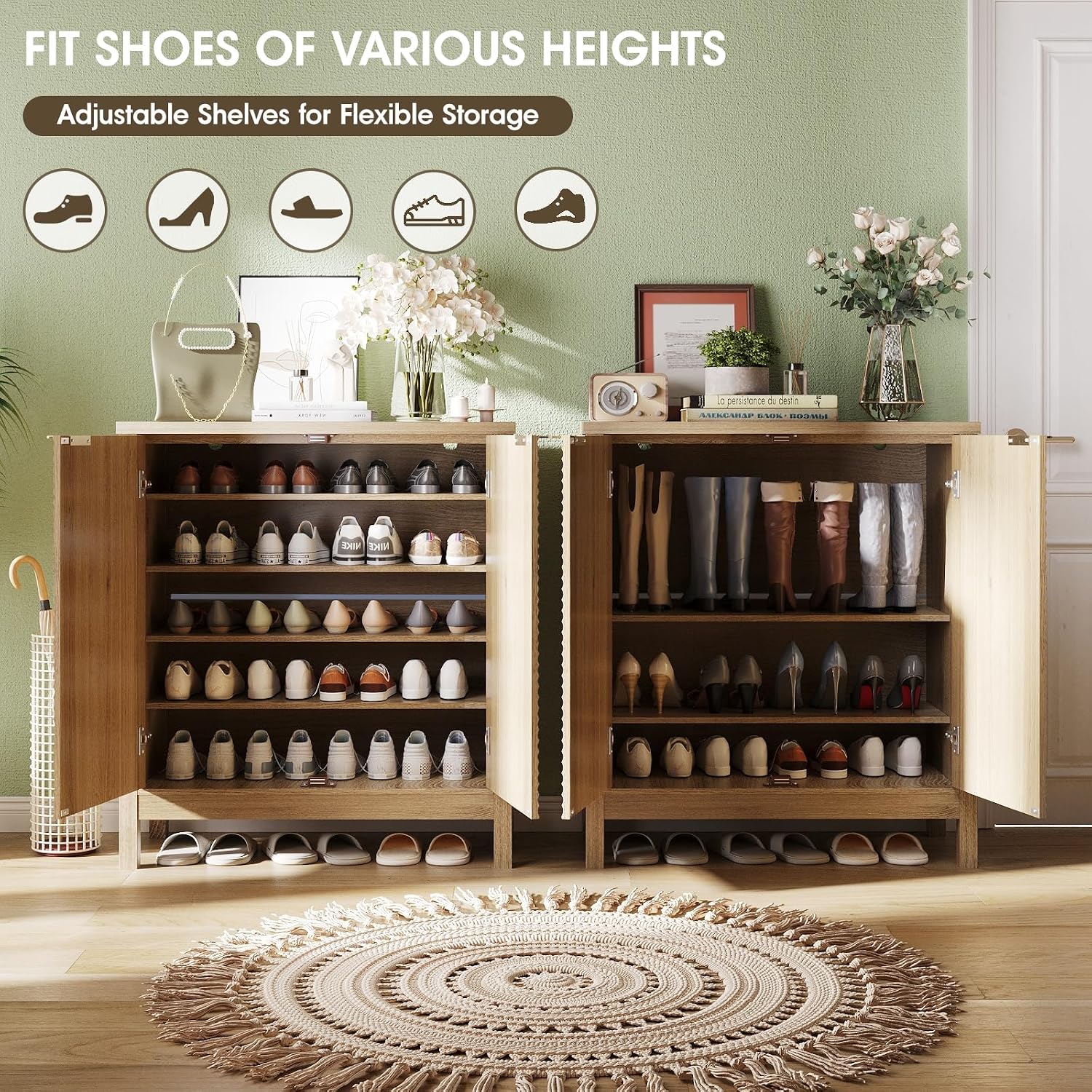 5-Tier Natural Oak Fluted Shoe Cabinet