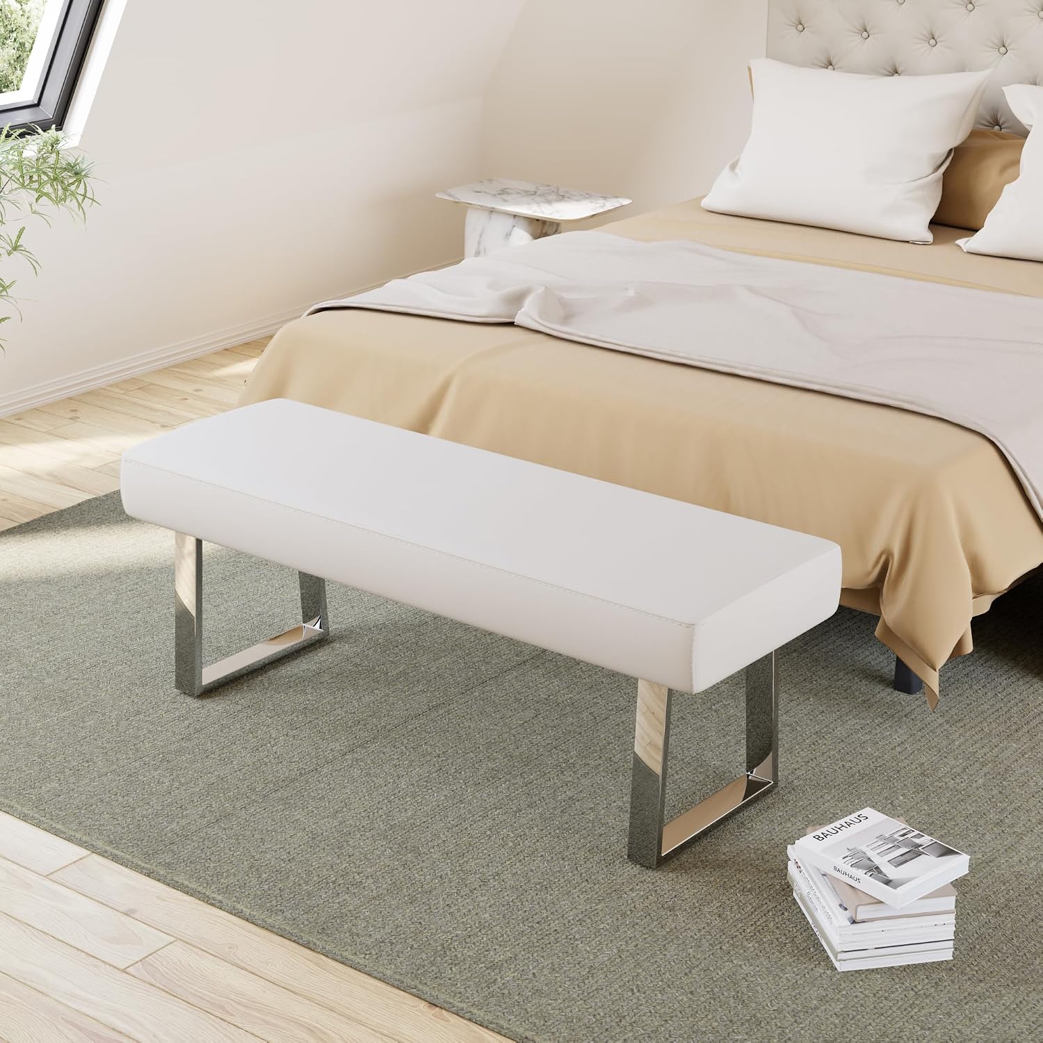 45.3" PU Leather Bench with Metal Legs