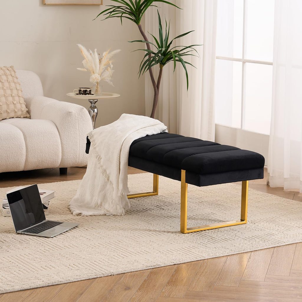 46" Black Velvet Bench with Gold Legs
