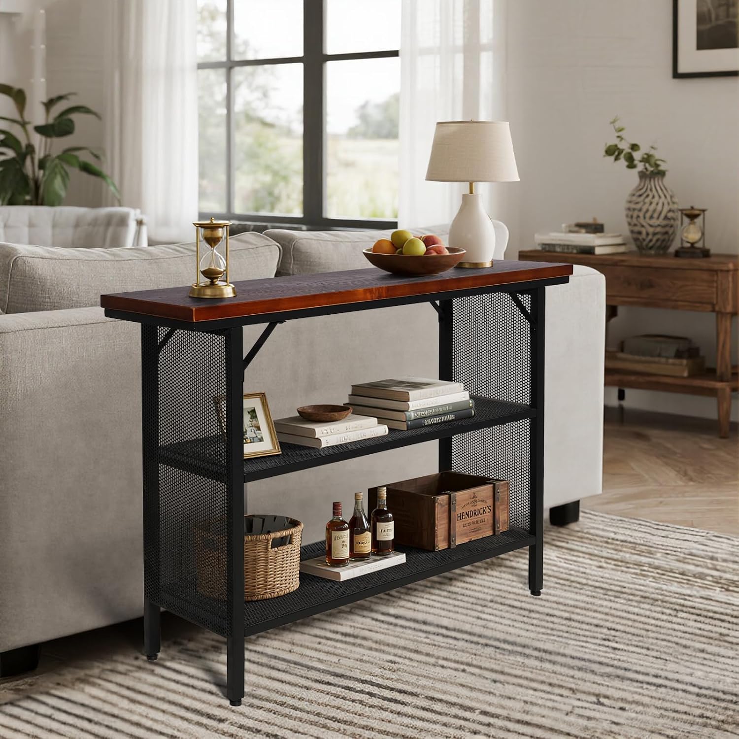 47.2" Industrial Console Table Wood Top Black Frame