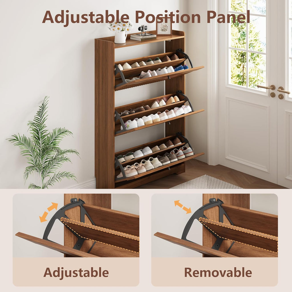 Walnut Shoe Cabinet with 3 Flip Drawers