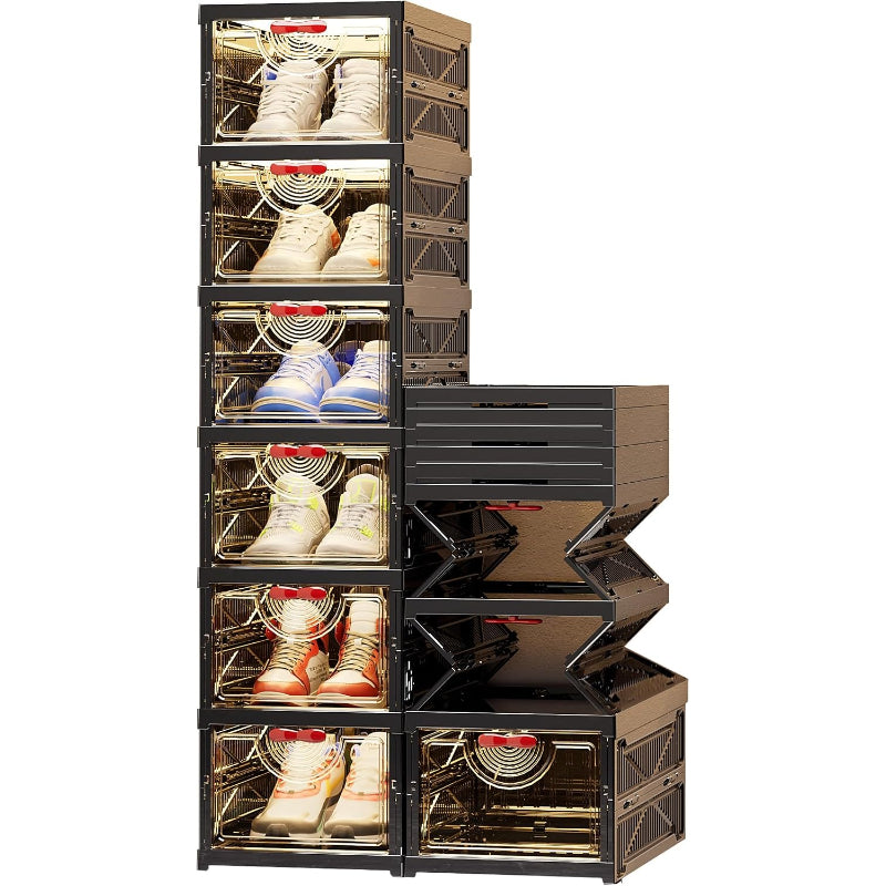 Foldable Stackable Black Shoe Storage Boxes, 6 Pack
